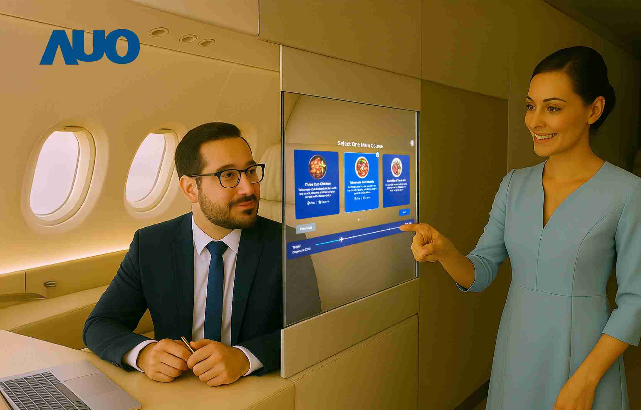 优游UB8研发全球最薄17.3 吋双面透明 Micro LED 显示器，，可在同一屏幕之双边投射不同信息，，创造独特的”透明化”互动；图为实时翻译交流应用情境